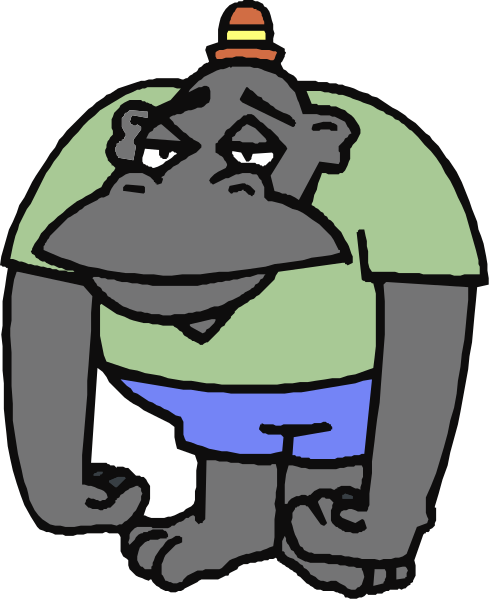 The cartoon features a monkey wearing shorts with its arms crossed over itself while standing on two legs against an unseen background.