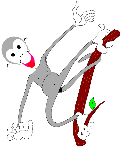 The image shows a cartoon monkey character with exaggerated facial features hanging from what appears to be an upside-down tree branch by its tail while holding onto it for support; there is no background detail provided, so I cannot comment on any setting beyond this central action and object in the foreground.