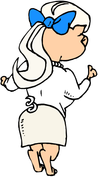 The cartoon shows a blonde girl with blue hair ribbon standing against a black background; she is wearing white clothing and has her hands on hips while looking to one side.