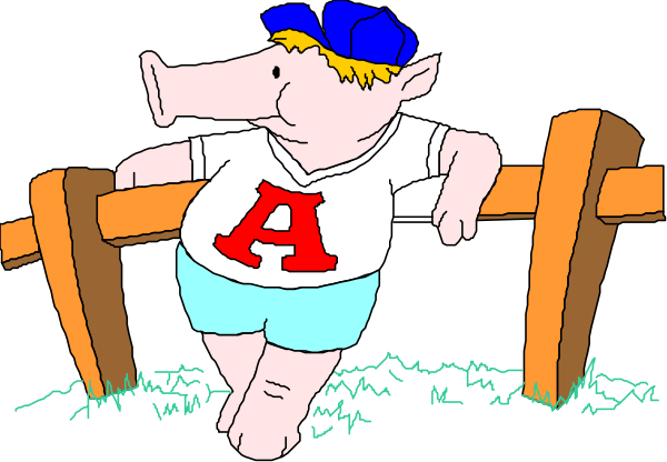 The cartoon shows a boy leaning against wooden fence posts with his arms crossed over them; he is wearing shorts and has an "A" on his shirt.