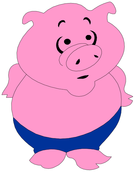 The image shows a cartoon pig with pink skin standing upright on two legs, wearing blue shorts, looking surprised to its left side of an unseen object in front of it against a black background.