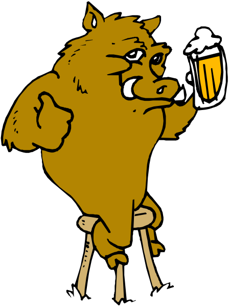The cartoon depicts a pig character holding up two thumbs while sitting on stools with beer mugs nearby; it is set against a black background.