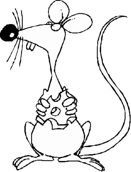 The black and white illustration features a cartoon rat with large eyes standing upright on its hind legs against a dark background.