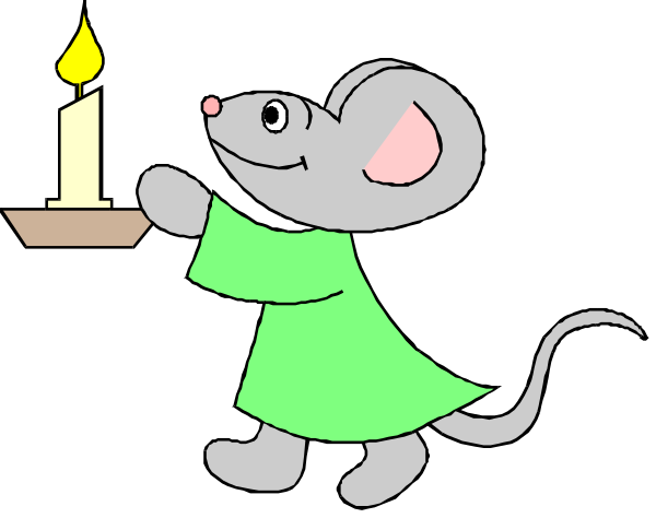 The cartoon depicts a mouse dressed as an angel standing atop a table with lit candles on either side of it in front of what appears to be a church altar during nighttime.