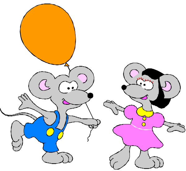 The cartoon shows two animated mice wearing overalls dancing with a balloon floating above them against a black background.