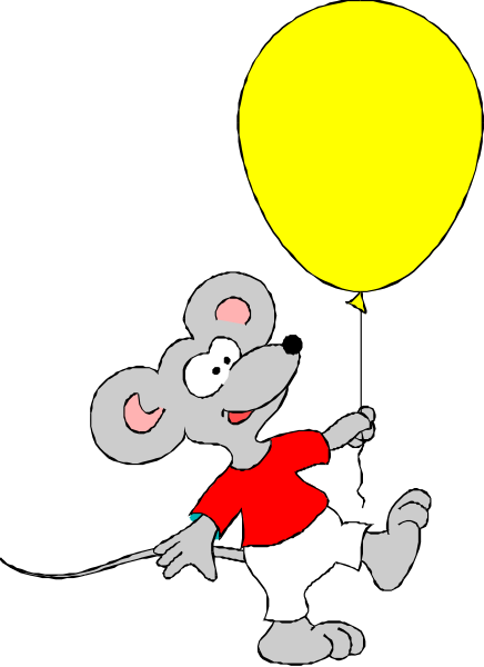 The cartoon depicts a mouse character holding an oversized yellow balloon while standing on its hind legs with front paws raised in excitement; it is wearing red shorts and has white gloves.