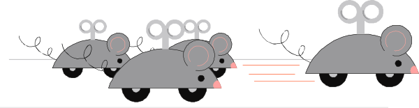 The image shows a row of four cars with antennae on top driving down what appears to be an empty road under clear skies during daylight hours.