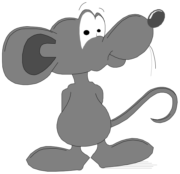 The black and white cartoon shows two animated mice characters: a larger mouse with its tongue sticking out is standing upright on one leg in front of another smaller mouse that appears to be sitting down next to it, both looking towards something off-frame.