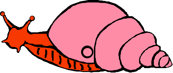 The image shows a pink snail with red spots on its body crawling towards an open shell that is also colored pink but has white stripes inside it.