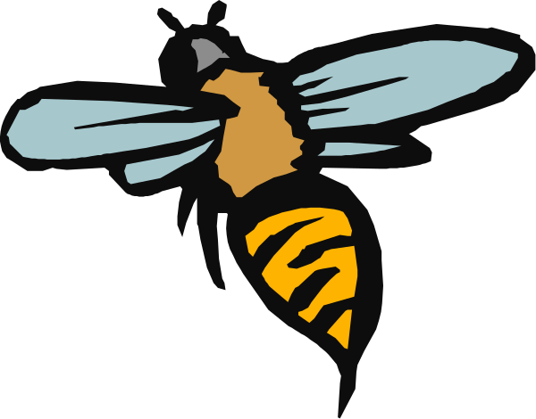 The image shows a stylized bee with stripes on its body against a black background; it is depicted as if flying over an abstract landscape that includes what appears to be mountains in shades of blue, green and brown.