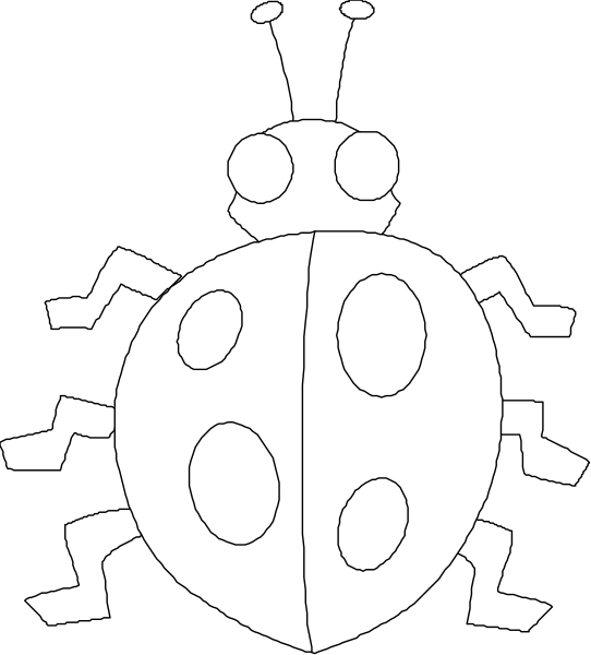 The black and white cartoon shows a ladybug with six legs on its body standing upright against a dark background.
