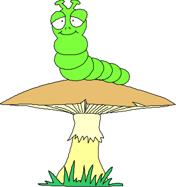 The image shows a cartoon of two mushrooms with different toppings: on top is an illustration of a caterpillar sitting atop one mushroom; below it is another mushroom that has been cut open, revealing its interior and showing no insect inside.