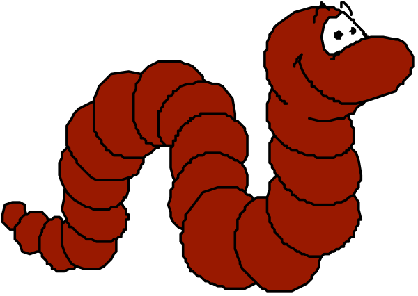 The image shows a red cartoon worm with eyes on its head standing upright against a black background.
