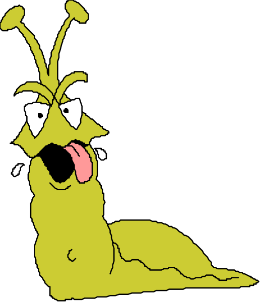 The cartoon shows a yellow snail with an exaggerated facial expression sitting on top of what appears to be a black surface against a dark background; it has two antennae sticking out from its head and is looking upwards, possibly towards something off-screen that caught its attention or caused the surprised look.