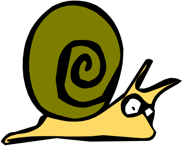 The image shows a cartoon of an animated snail with its shell open on top against a black background; it has two antennae sticking out from either side of its head.