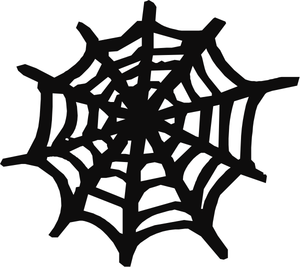 The black and white silhouette of a spider web with eight spokes radiating from its center to form an octagon shape against a dark background.