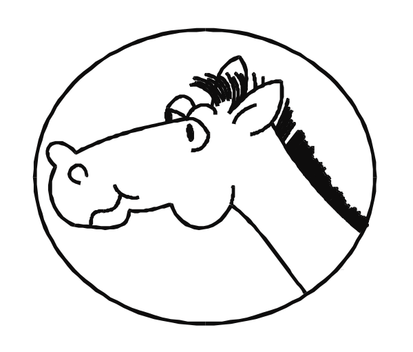 The black and white logo features a cartoon horse's head with its mouth open as if it is speaking inside an oval frame that resembles a stylized shield shape.