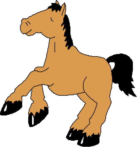 The image shows a cartoon of an orange horse standing on two legs with its front hooves raised as if it's walking in mid-air against a black background.