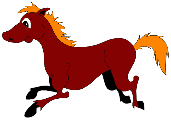 The image shows a cartoon horse with red mane running on an unseen track against a black background.