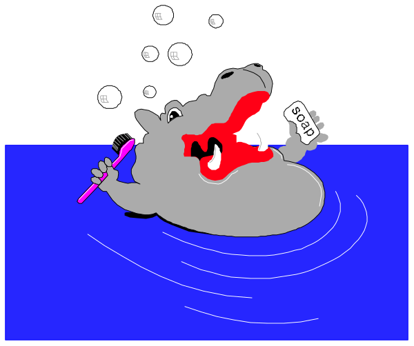 The cartoon shows an elephant sitting on a bed of bubbles with toothpaste foam coming out its mouth while holding two brushes in each hand; it appears to be singing into one brush as if performing, and there's text that reads "10%" above the image.