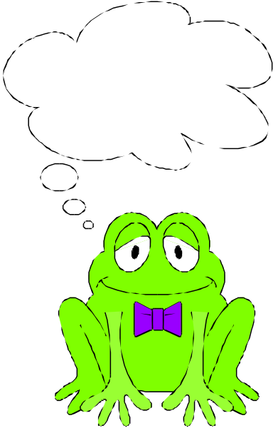 The image features a cartoon frog sitting on its hind legs with thought bubbles above it containing various ideas like "I love you," "You're so cute!" and other phrases that express affection for someone, set against a black background.