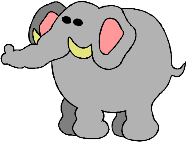 The image shows a cartoon of an elephant with large ears standing on two legs against a black background.