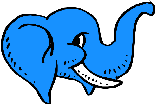 The image shows a blue elephant with tusks facing left against a black background.