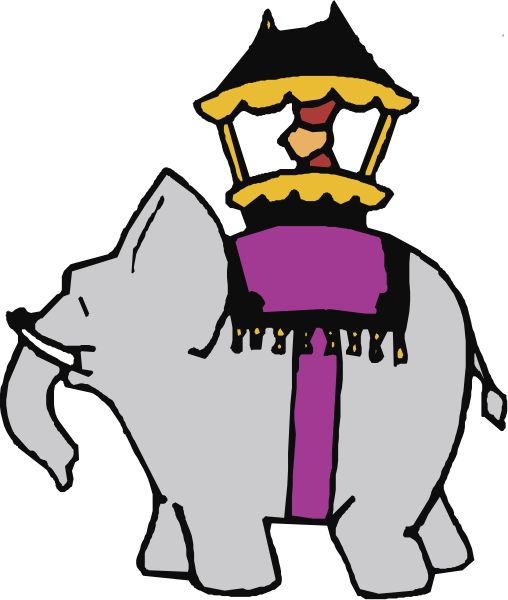 The image features a cartoon elephant wearing an outfit that includes a purple vest with gold trim around its neckline, carrying what appears to be a lantern on top of it while riding through space next to another similar-looking character who is also dressed in religious attire and holding the same type of light.