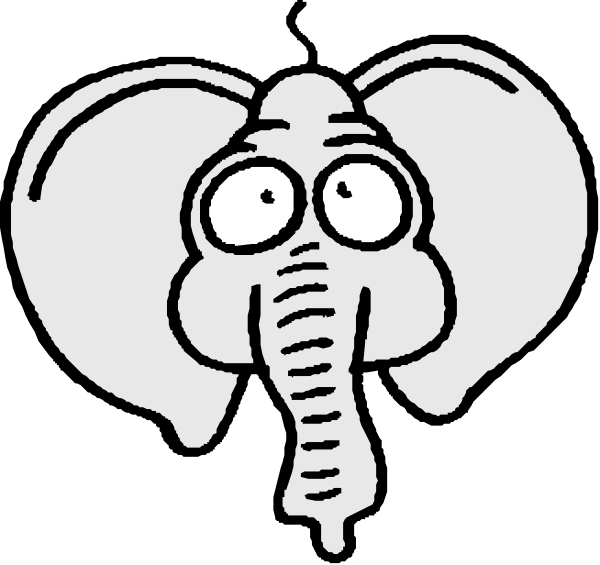 The black and white illustration shows two elephant heads with a surprised expression on their faces against an unadorned background.