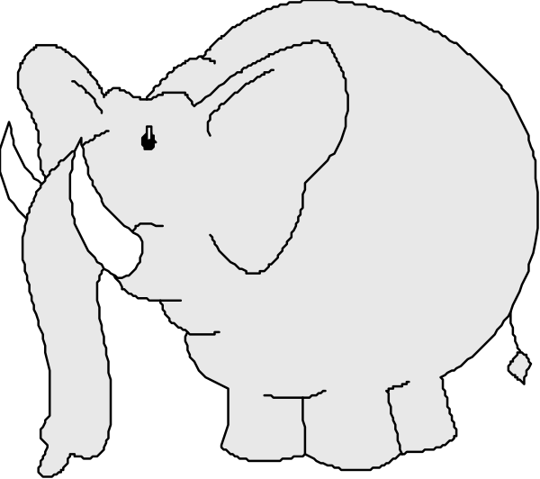 The black and white illustration shows an elephant with its trunk raised upwards towards a cloud of smoke that is emanating from it.