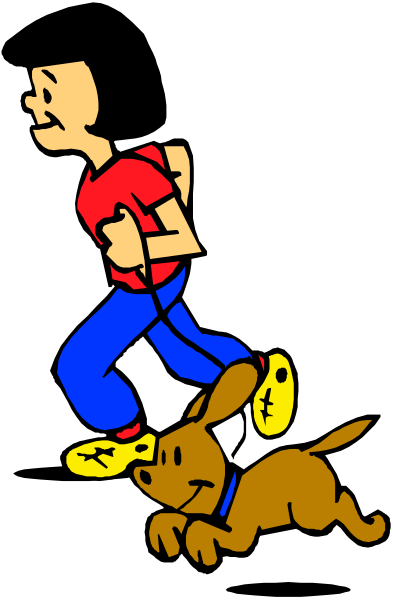 The image shows a cartoon of an animated boy running with his dog on what appears to be a leash behind him against a black background.