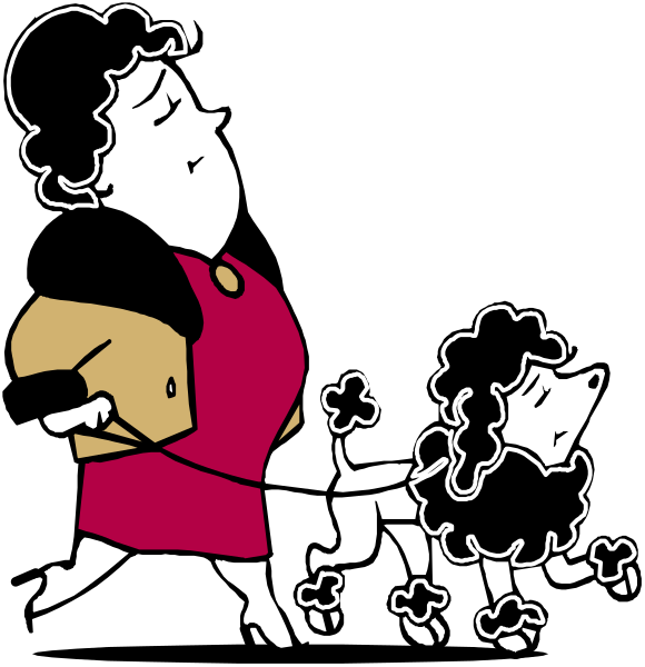 The image shows a black and white cartoon of two women walking their dog on leash at night under streetlights with trees in background; one woman is wearing red dress while other wears yellow top holding her purse, both have curly hair and glasses, looking downward as they walk past each other.