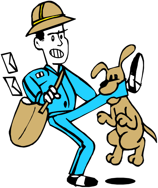 The illustration shows a man wearing blue overalls holding an axe with his left hand while standing next to a dog on its hind legs in front of him; he is also kicking out at something off-frame, and there's another object resembling a mailbox or tool box near the bottom.