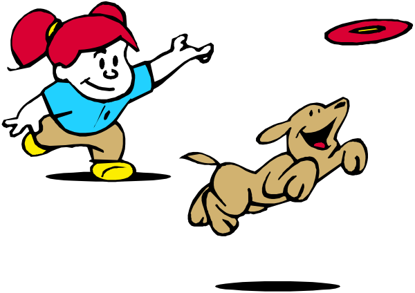 The image shows a cartoon of an animated character running with her dog towards a frisbee that is flying through mid-air in front of them both.