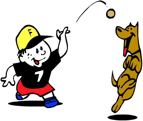 The image shows a cartoon of two characters: an animated boy with baseball cap holding out his hand to catch something that looks like a ball in mid-air; next to him is a dog standing on its hind legs, looking up at what appears to be food or treat being offered by the boy.
