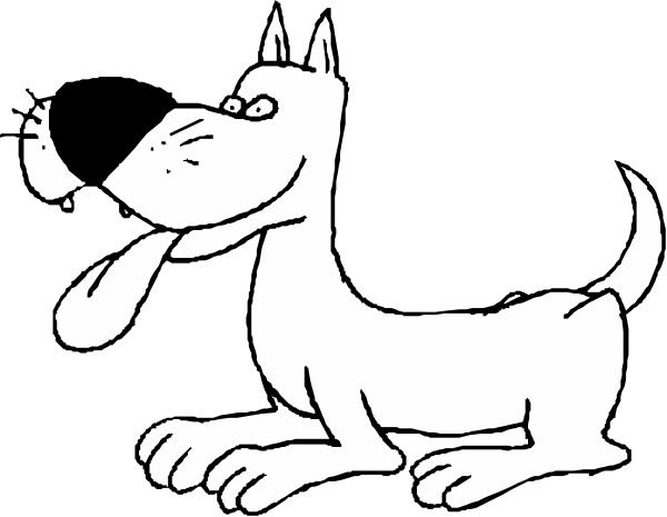The black and white cartoon features a dog sitting upright on its hind legs with an exaggeratedly large tongue hanging out of its mouth, holding what appears to be a bone in one paw while looking upwards towards something off-frame.