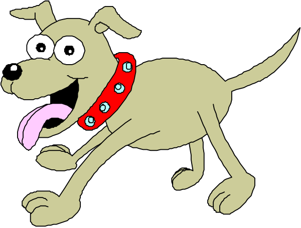 The cartoon shows a dog with its tongue out running on all fours across what appears to be an outdoor space at nighttime.