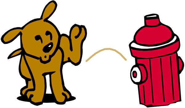 The image shows a cartoon of two dogs playing with fire hydrants; there is no text present on this clip-art illustration.
