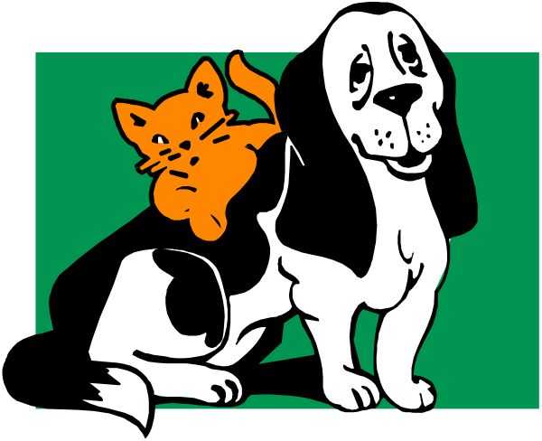 The image features a cartoon of two dogs sitting next to each other with an orange cat on top of them; all three characters appear contented as if posing for this picture.