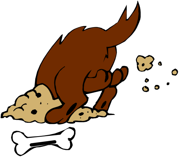 The image shows a cartoon dog with bones falling out of its mouth while it is sitting on top of what appears to be food crumbs in front of an unseen person who has spilled something yellowish, possibly mustard, onto their shirt and pants.