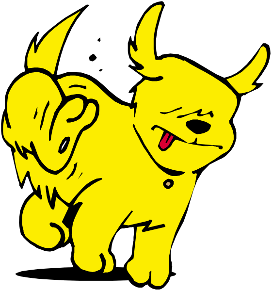 The image shows a cartoon of two dogs with different expressions: on top is an excited dog standing upright as if it's dancing; below that is another dog lying down looking sad while being petted by its companion, who appears to be in motion and possibly jumping or running above the first.