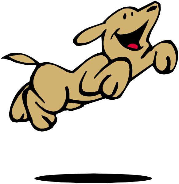 The image shows a cartoon dog with its tongue out flying through midair against a black background; it is smiling while in flight above what appears to be an unseen surface below.