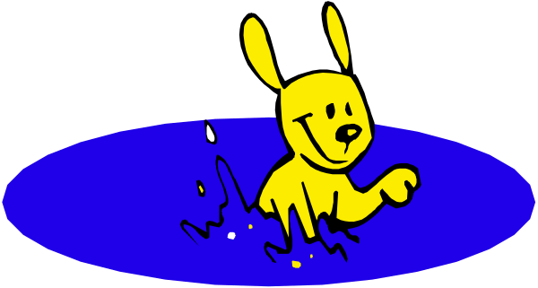 The image shows a cartoon rabbit standing on its hind legs with water splashing around it while smiling at another character who is also in the pool of water but appears to be sinking underwater due to their ears being submerged, creating an illusion that only half of them are visible above the surface.