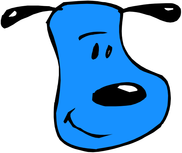 The image shows a blue cartoon dog with an exaggerated smile on its face against a black background.