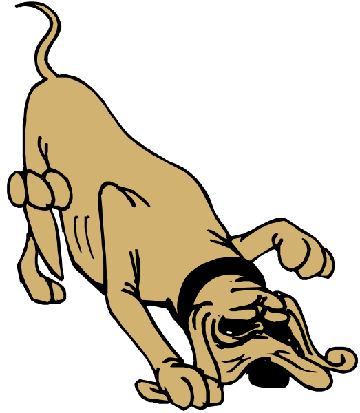 The cartoon shows a dog on its hind legs with an exaggeratedly sad expression looking down at itself while standing next to what appears to be a wall in front of which it is leaning forward slightly as if about to fall over, and there's no text present within this image.