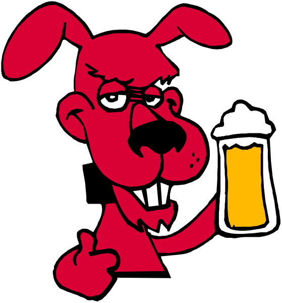 The cartoon depicts a red dog holding an ice cream cone with its mouth while standing next to a beer bottle on top of a table in what appears to be a casual indoor environment.