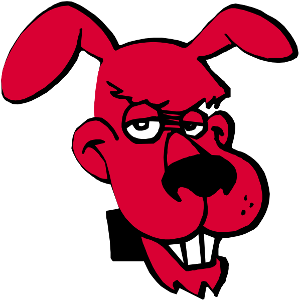 The image shows a red dog with an exaggerated facial expression that appears to be grumpy or angry.