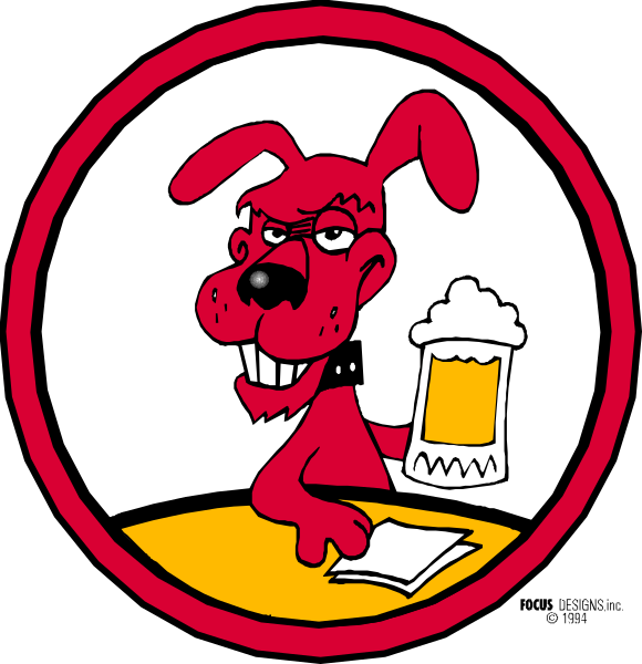 The images show a cartoon of an anthropomorphic dog sitting at a bar with its paw on top of it as if holding up a glass mug filled with beer to toast something.