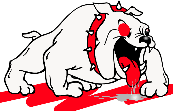 The image shows a cartoon of an animated dog with its tongue hanging out while standing on what appears to be blood-stained ground next to another character that seems to have been injured by the same animal; there is no text present in this clip art style illustration, which focuses solely on these two characters and their immediate surroundings.