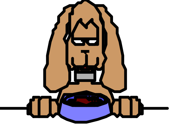 The image shows a cartoon dog sitting on its hind legs with an exaggeratedly large bowl of food balanced precariously between its paws.